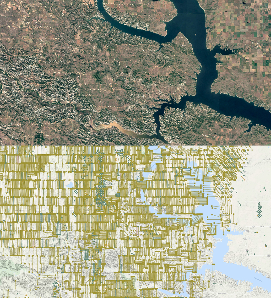 Top: Satellite image of oil well pads on the lands of the Mandan, Hidatsa and Arikara Nation, 2020. Source: Google Earth   Bottom: Visualization of horizontally drilled and fracked oil and gas wells on the lands of the Mandan, Hidatsa and Arikara Nation, 2020. Source: WellDatabase.com