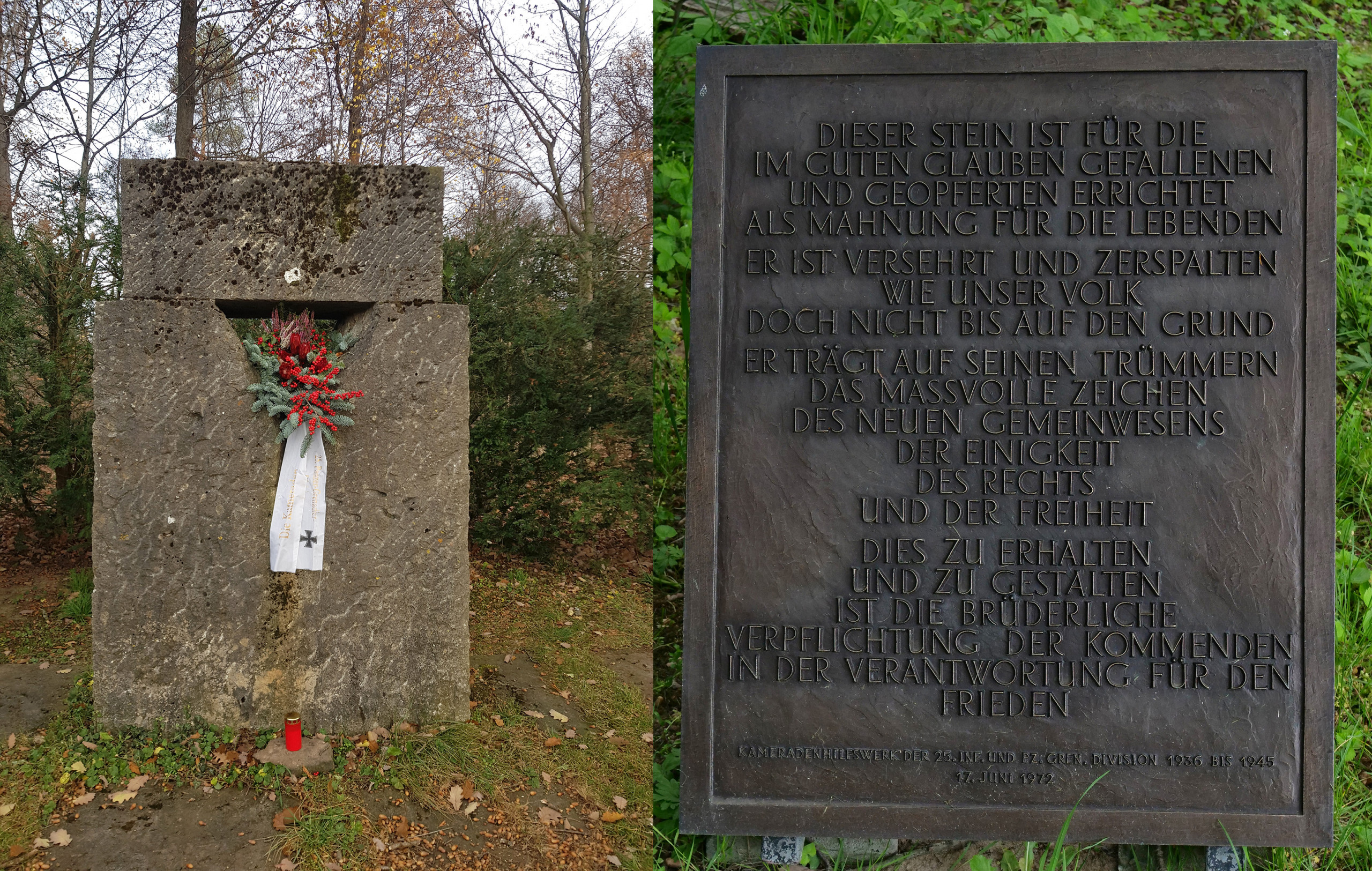 Kameraden-Gedenkstein an der Solitude. Commissioned by Kameradenhilfswerk (1972).  Featured here with a fresh wreath in Nov, 2020. Photos: Angela Anderson (2020)