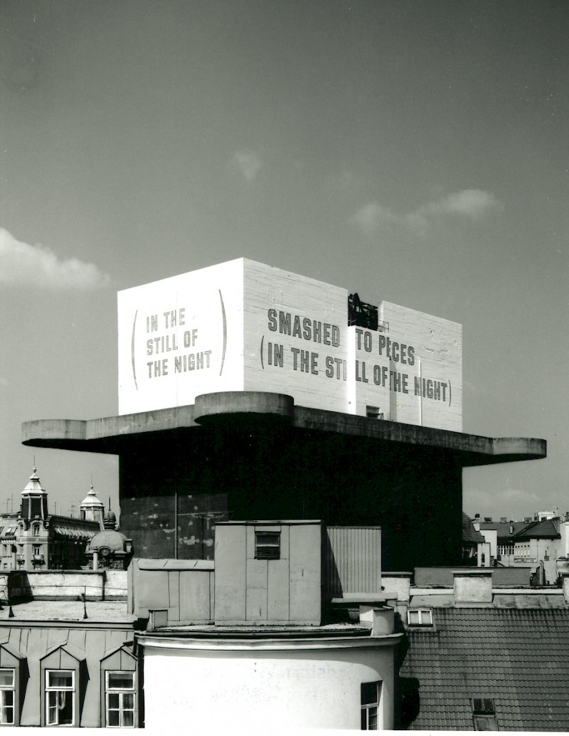 Flakturm in Esterházypark in Vienna: Zerschmettert in Stücke (im Frieden der Nacht) / Smashed to pieces (in the still of the night) (1991) by Lawrence Weiner.  Photo: Christian Wachter